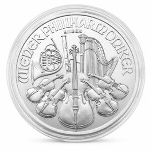 Srebrna moneta Wiedeński Filharmonik 1 oz Ag 999 1,5 euro Münze Österreich na białym tle