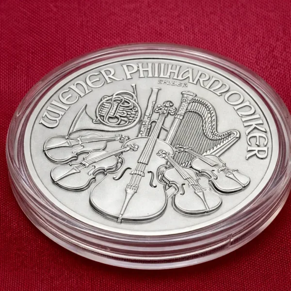 Srebrna moneta Wiedeński Filharmonik 1 oz 2021 srebro Ag999 ujęcie pod kątem