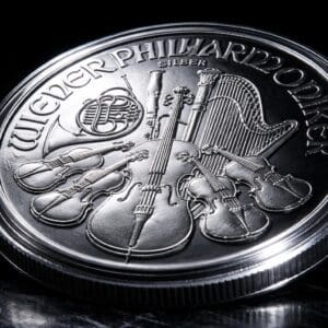 Makro detalu instrumentów na monecie Wiedeński Filharmonik 1 oz srebro Ag 999