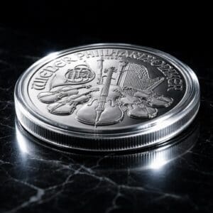 Moneta srebrna 1 oz z motywem instrumentów muzycznych.