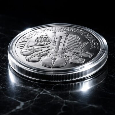 Moneta srebrna 1 oz z motywem instrumentów muzycznych.