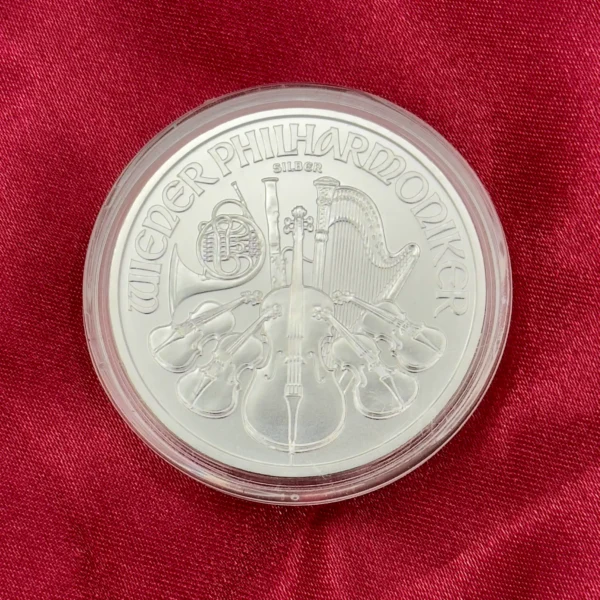 Moneta srebrna Wiedeńskiego Filharmonika 2021 w kapsule.