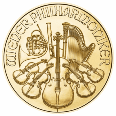 Złota moneta kolekcjonerska Wiedeński Filharmonik. Moneta przedstawia instrumenty z orkiestry