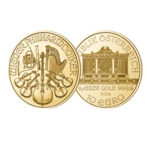 Złota moneta kolekcjonerska. Moneta Wiedeński Filharmonik. Moneta przedstawia filharmonię wiedeńską oraz instrumenty. Na zdjęciu jest awers i rewers