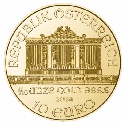 Złota moneta kolekcjonerska Wiedeński Filharmonik 2024 z instrumentami orkiestry, w tym skrzypcami, wiolonczelą, fagotem, harfą i rogiem.