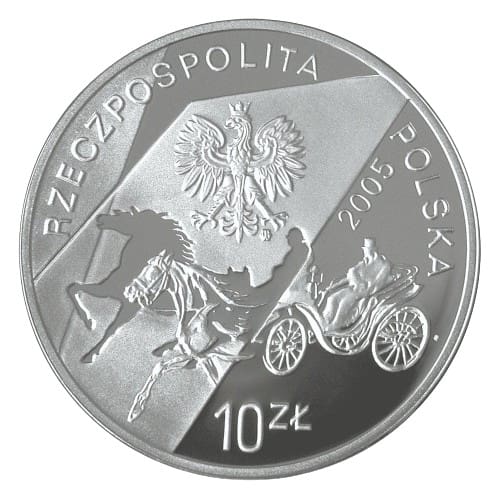 Srebrna Moneta Inwestycyjna z orłem, koniem i zabytkowym pojazdem, napisem "Rzeczpospolita Polska 2005" i nominałem 10 zł.