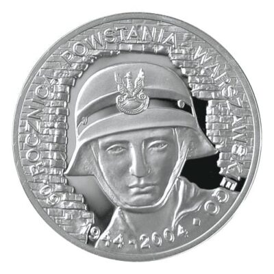 Srebrna Moneta Inwestycyjna z hełmem powstańca i napisem "60. rocznica Powstania Warszawskiego 1944-2004".