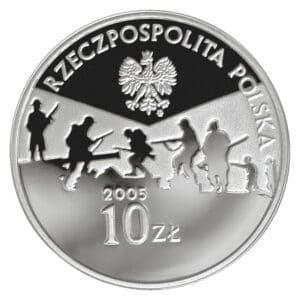 Srebrna moneta kolekcjonerska godło polski orzeł biały. Rzeczpospolita polska 10zł 2009 rocznica zakończenia II wojny światowej w tle żołnierze z bronią walczący