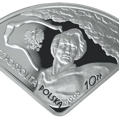 Srebrna moneta Expo 2005 Aichi 10 zł 2005 – awers i rewers, moneta kolekcjonerska NBP Srebrna Moneta Inwestycyjna w kształcie wachlarza z orłem i postacią kobiety.