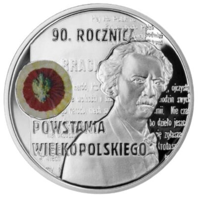 rebrna moneta 90. Rocznica Powstania Wielkopolskiego 20 zł 2008 – awers i rewers, moneta kolekcjonerska NBP Srebrna moneta kolekcjonerska 90. rocznica powstania wielkopolskiego godło polski orzeł biały popiersie mężczyzny