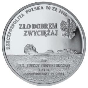 Srebrna moneta kolekcjonerska godło polski orzeł biały rzeczpospolita polka hasło zło dobrem zwyciężaj wizerunek drzewa ziemi i nieba