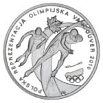 Srebrna moneta kolekcjonerska godło polski orzeł biały. Rzeczpospolita polska 2010 polska reprezentacja olimpijska w Vancouver 2010 olimpiada łyżwiaże liść klonowy koła olimpijskie śnieżynka