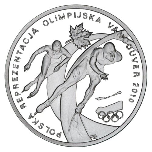 Srebrna moneta kolekcjonerska godło polski orzeł biały. Rzeczpospolita polska 2010 polska reprezentacja olimpijska w Vancouver 2010 olimpiada łyżwiaże liść klonowy koła olimpijskie śnieżynka