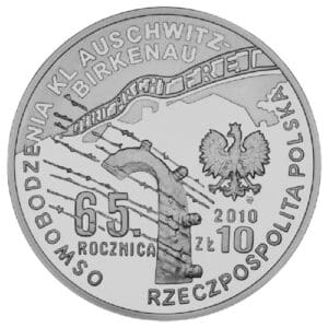 Srebrna moneta kolekcjonerska godło polski orzeł biały 65 rocznica oswobodzenia auschwitz birkenau rzeczpospolita polska 2010 fragmenty płotu obozu koncentracyjnego II wojna światowa