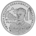 Srebrna moneta kolekcjonerska mężczyzna popiersie witold pilecki KL Auschwitz fragmenty płotu auschwitz birkenau Twórca związku organizacji wojskowej Obóz koncentracyjny II wojna światowa