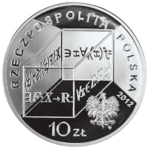 Srebrna Moneta Inwestycyjna z motywem matematycznym, napisem "Rzeczpospolita Polska 2012" i nominałem 10 zł.