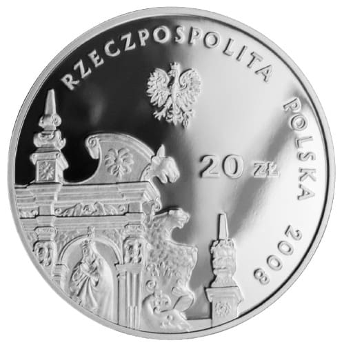 Srebrna moneta kolekcjonerska godło polski orzeł biały rzeczpospolita polska 20zł 2008 w tle widać budynki kościoły w kazimierzu dolnym