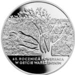 Srebrna moneta kolekcjonerska 65 rocznica powstania w getcie warszawskim fragmenty muru getta oraz drzewo