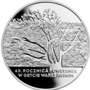 Srebrna moneta kolekcjonerska 65 rocznica powstania w getcie warszawskim fragmenty muru getta oraz drzewo