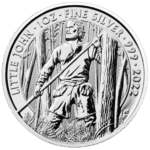 Srebrna moneta Little John 2022 – rewers z Little Johnem w lesie Sherwood, awers z portretem Królowej Elżbiety II. Srebrna moneta Kraków Little John Mity i legendy Silver coin Myths and Legends KupSZTABKI Starowiślna Kraków