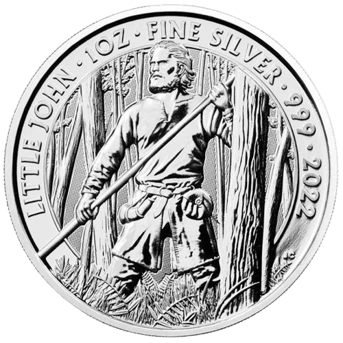 Srebrna moneta Little John 2022 – rewers z Little Johnem w lesie Sherwood, awers z portretem Królowej Elżbiety II. Srebrna moneta Kraków Little John Mity i legendy Silver coin Myths and Legends KupSZTABKI Starowiślna Kraków