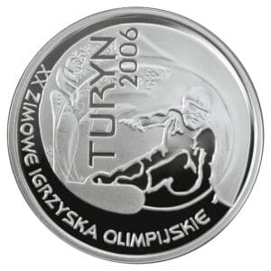 Srebrna moneta Turyn 2006 – rewers z snowboardzistą podczas zjazdu, awers z godłem Polski i snowboardzistą w akcji.