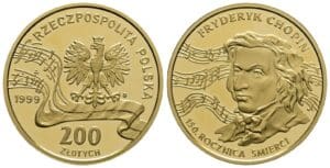 Moneta o nominale 200 złotych z 1980 roku, przedstawiająca portret Fryderyka Chopina, wybita z okazji 150-lecia śmierci kompozytora.