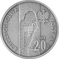 Srebrna moneta 1oz pamięci ofiar getta w łodzi 2004. Fragment muru getta w łodzi orzeł godło polski rzeczpospolita polska srebrna moneta