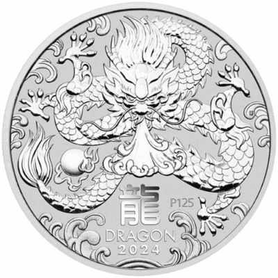 Srebrna moneta Rok Smoka 2024 Lunar III – rewers ze smokiem, awers z portretem Królowej Elżbiety II. Rok Smoka 2024 Lunar III Srebrna moneta KupSZTABKI Kraków Starowiślna
