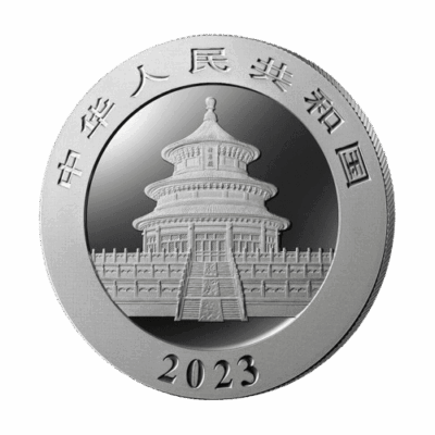 Srebrna moneta Chińska Panda 2023 – rewers z dwoma pandami w otoczeniu bambusów, awers ze Świątynią Nieba w Pekinie. Chińska Panda 2023 Kraków KupSZTABKI Srebrna moneta Starowiślna