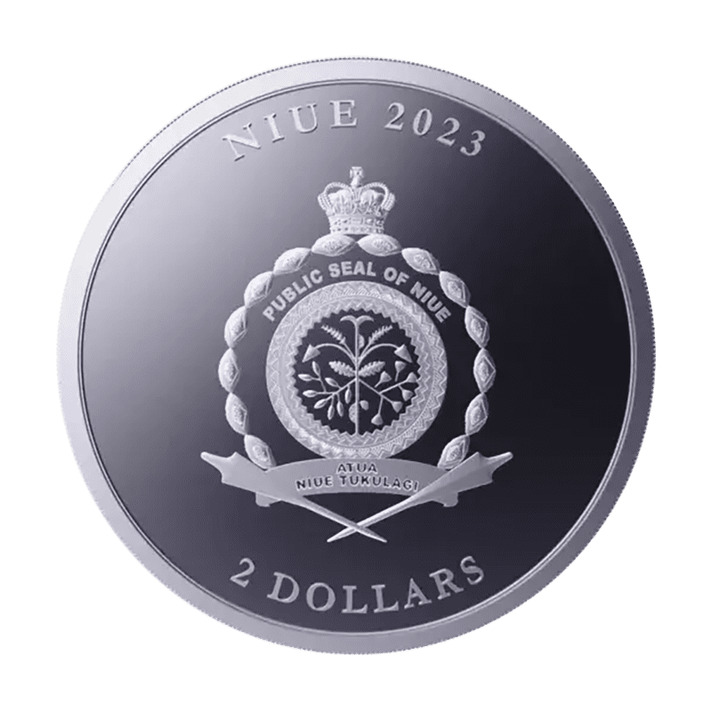 Srebrna moneta Equilibrium 2023 Niue 1 oz Ag 9999 – geometryczny wzór i herb Niue