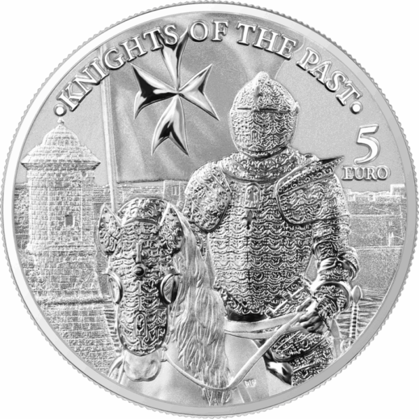 Srebrna moneta Knights of the Past 2023 Malta 1 oz Ag 9999 – rycerze zakonu maltańskiego, blisterpack i certyfikat
