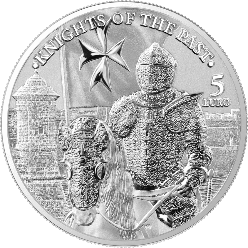 Srebrna moneta Knights of the Past 2023 Malta 1 oz Ag 9999 – rycerze zakonu maltańskiego, blisterpack i certyfikat