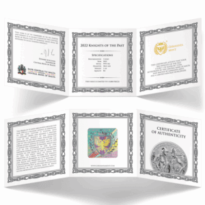 Srebrna moneta Knights of the Past 2023 Malta 1 oz Ag 9999 – rycerze zakonu maltańskiego, blisterpack i certyfikat