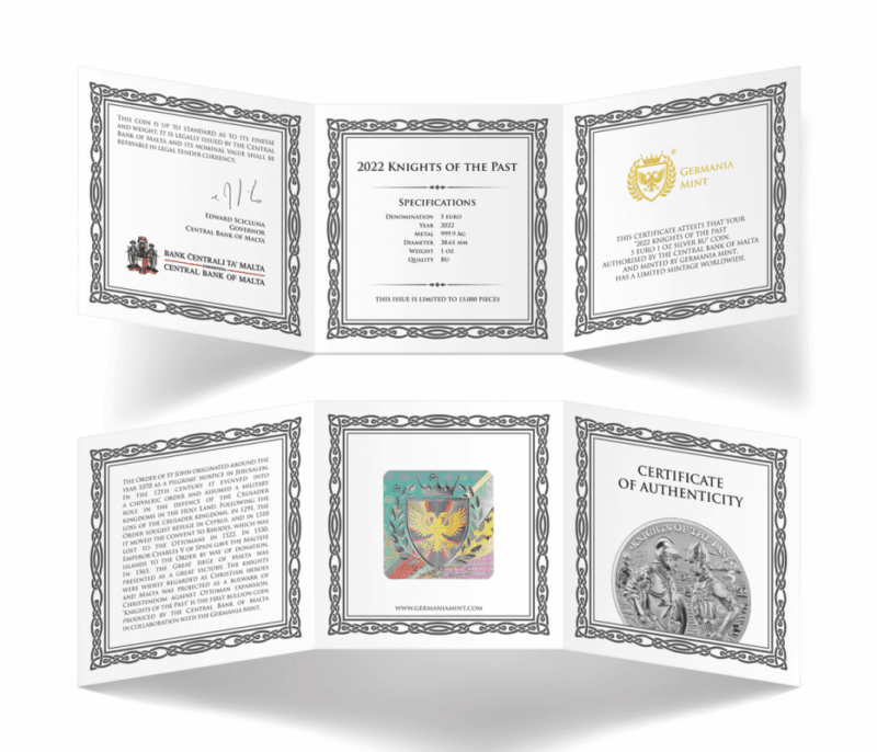 Srebrna moneta Knights of the Past 2023 Malta 1 oz Ag 9999 – rycerze zakonu maltańskiego, blisterpack i certyfikat