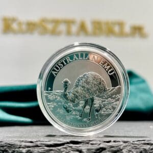 Srebrna moneta Australian Emu 1 oz 2023 – awers z Królową Elżbietą II i rewers z wizerunkiem emu. KupSZTABKI Kraków