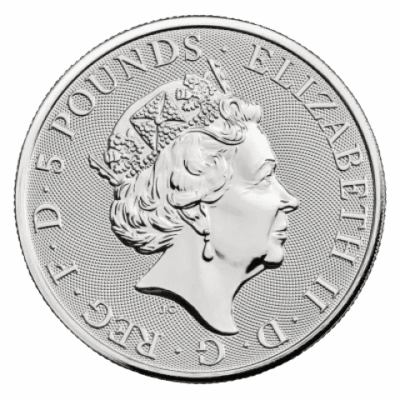 Srebrna moneta Yale of Beaufort 2023 – rewers z mitycznym Yalem i tarczą herbową, awers z portretem królowej Elżbiety II. Srebrna moneta Kraków Bestie Tudorów 2023 2oz Starowiślna Kraków 1