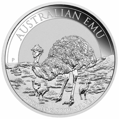 Srebrna moneta Australian Emu 1 oz 2023 – awers z Królową Elżbietą II i rewers z wizerunkiem emu. KupSZTABKI Kraków