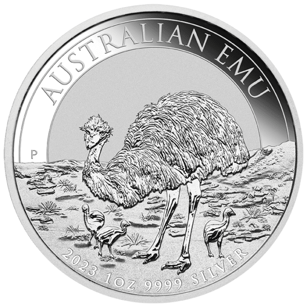 Srebrna moneta Australian Emu 1 oz 2023 – awers z Królową Elżbietą II i rewers z wizerunkiem emu. KupSZTABKI Kraków