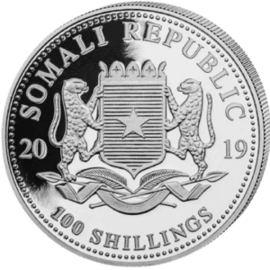 Srebrna moneta Somalijski Leopard 2019 – rewers z leopardem i młodym w afrykańskim krajobrazie, awers z herbem Somalii. Srebrna moneta Somalijski Leopard, 1 oz, 2019 Kraków KupSZTABKI Starowiślna