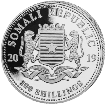 Srebrna moneta Somalijski Leopard 2019 – rewers z leopardem i młodym w afrykańskim krajobrazie, awers z herbem Somalii. Srebrna moneta Somalijski Leopard, 1 oz, 2019 Kraków KupSZTABKI Starowiślna