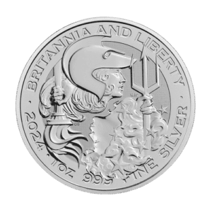 Awers money Britannia i Liberty 2024 – wizerunek Króla Karola III Rewers money Britannia and Liberty 2024 – postać Britannii i Liberty Słowa kluczowe (SEO): srebrna moneta inwestycyjna, Britannia and Liberty 2024, srebro 1 oz, moneta Król Karol III, moneta srebrna, inwestycja w srebro, KupSZTABKI Kraków