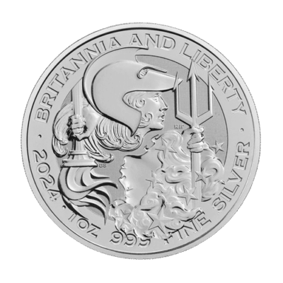 Awers money Britannia i Liberty 2024 – wizerunek Króla Karola III Rewers money Britannia and Liberty 2024 – postać Britannii i Liberty Słowa kluczowe (SEO): srebrna moneta inwestycyjna, Britannia and Liberty 2024, srebro 1 oz, moneta Król Karol III, moneta srebrna, inwestycja w srebro, KupSZTABKI Kraków