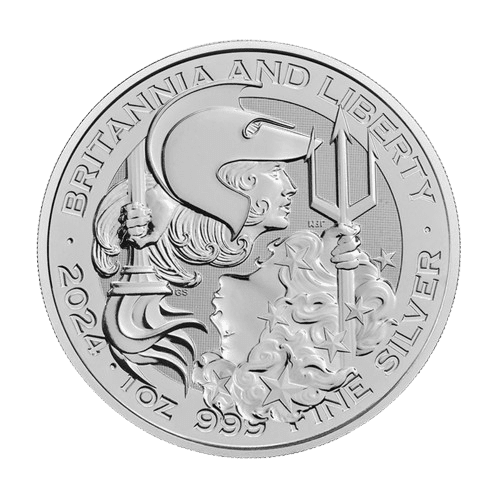 Awers money Britannia i Liberty 2024 – wizerunek Króla Karola III Rewers money Britannia and Liberty 2024 – postać Britannii i Liberty Słowa kluczowe (SEO): srebrna moneta inwestycyjna, Britannia and Liberty 2024, srebro 1 oz, moneta Król Karol III, moneta srebrna, inwestycja w srebro, KupSZTABKI Kraków