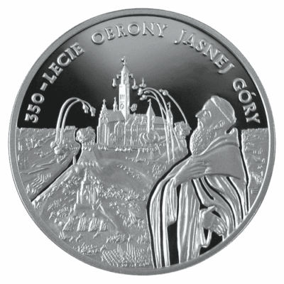 Srebrna moneta KRaków 350-lecie Obrony Jasnej Góry 20 zł 2005 – awers i rewers, moneta kolekcjonerska NBP
