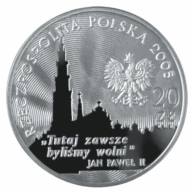 Srebrna moneta Kraków 350-lecie Obrony Jasnej Góry 20 zł 2005 – awers i rewers, moneta kolekcjonerska NBP