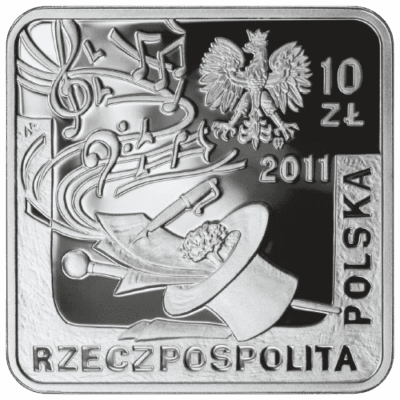 Srebrna moneta Kabaret Starszych Panów 10 zł 2011 – awers i rewers, moneta kolekcjonerska NBP. Srebrne monety Kraków Historia polskiej muzyki rozrywkowej 2011 10zł Kraków Starowiślna KupSZTABKI Rzeczpospolita Polska