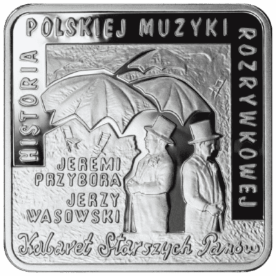 Srebrna moneta Kabaret Starszych Panów 10 zł 2011 – awers i rewers, moneta kolekcjonerska NBP. Srebrne monety Kraków Historia polskiej muzyki rozrywkowej 2011 10zł Kraków Starowiślna KupSZTABKI Rzeczpospolita Polska