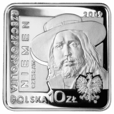 Srebrna moneta Czesław Niemen – Historia Polskiej Muzyki Rozrywkowej 10 zł 2009 – awers i rewers, moneta kolekcjonerska NBP