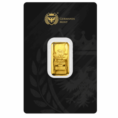 Sztabka złota Germania Mint 1 oz w opakowaniu ochronnym, wysokiej czystości Au 999.9